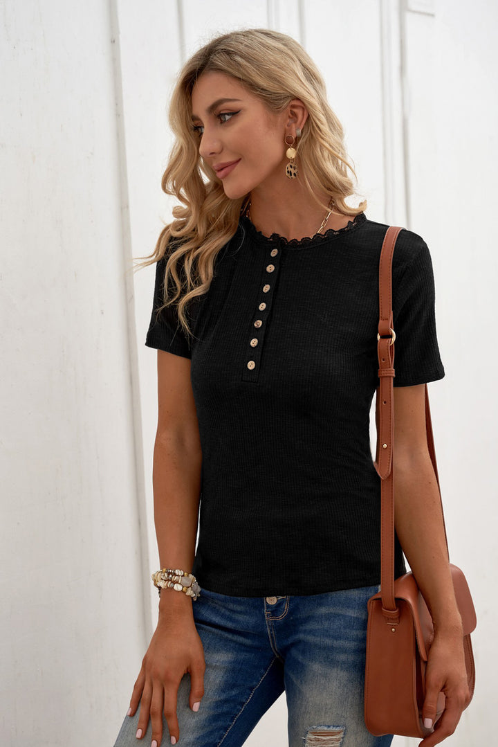 Black Crew Neck Buttoned Ribbed Knit Short Sleeve Top
