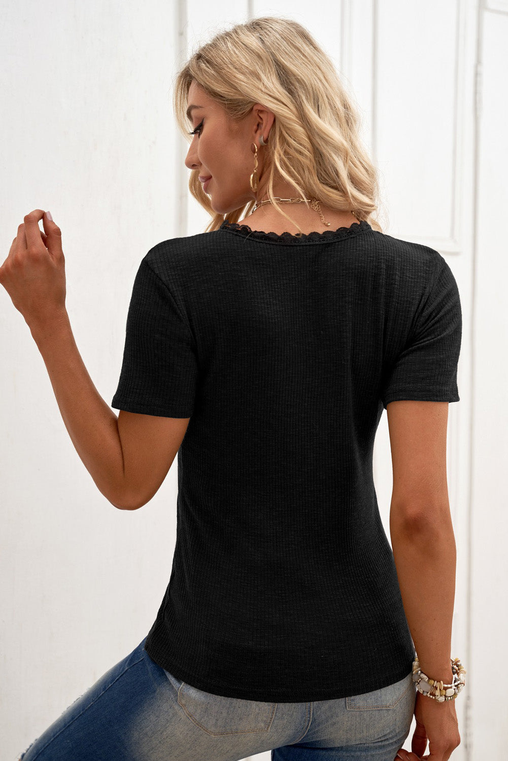 Black Crew Neck Buttoned Ribbed Knit Short Sleeve Top