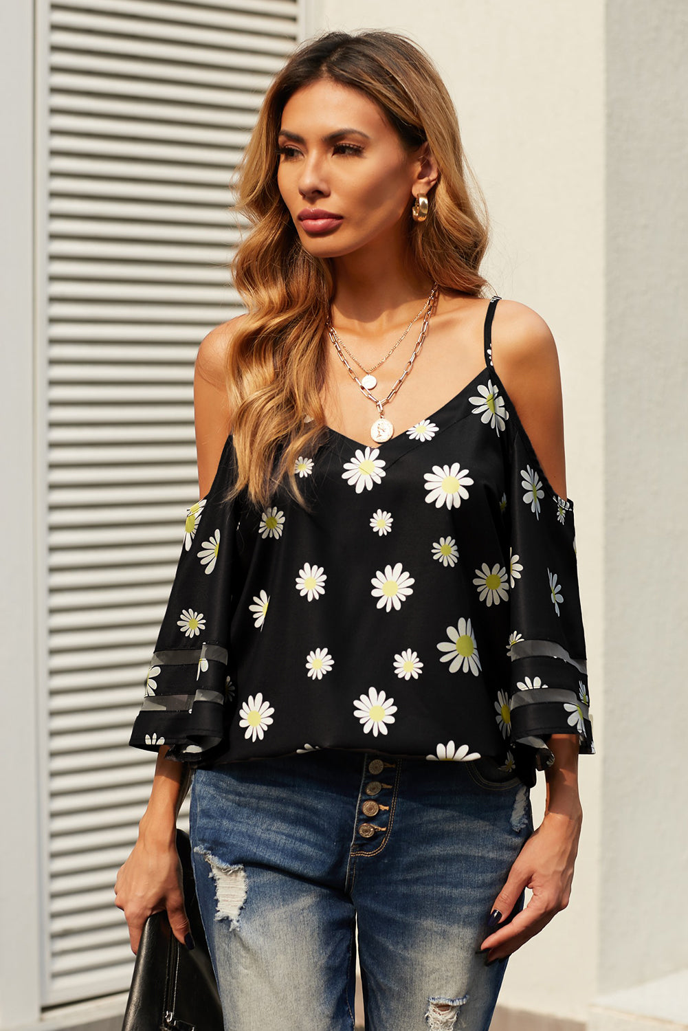 Black Daisy Floral Cold Shoulder Blouse, Shop for cheap Black Daisy Floral Cold Shoulder Blouse online? Buy at Modeshe.com on sale!