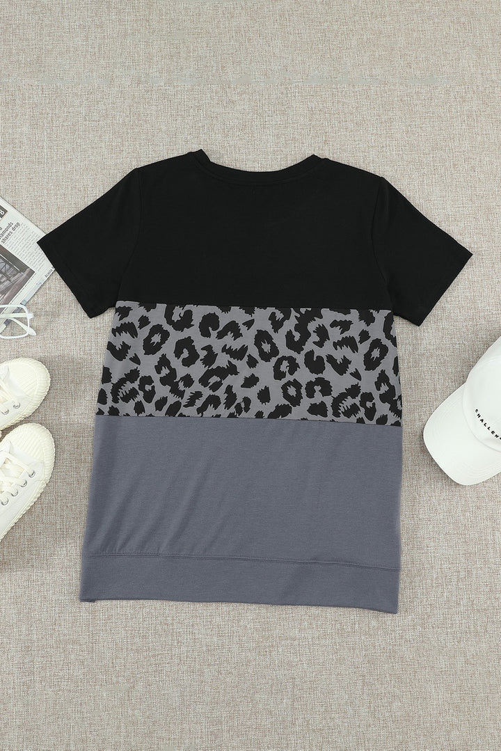 Black Gray Leopard Print Color Block Short Sleeve T-Shirt