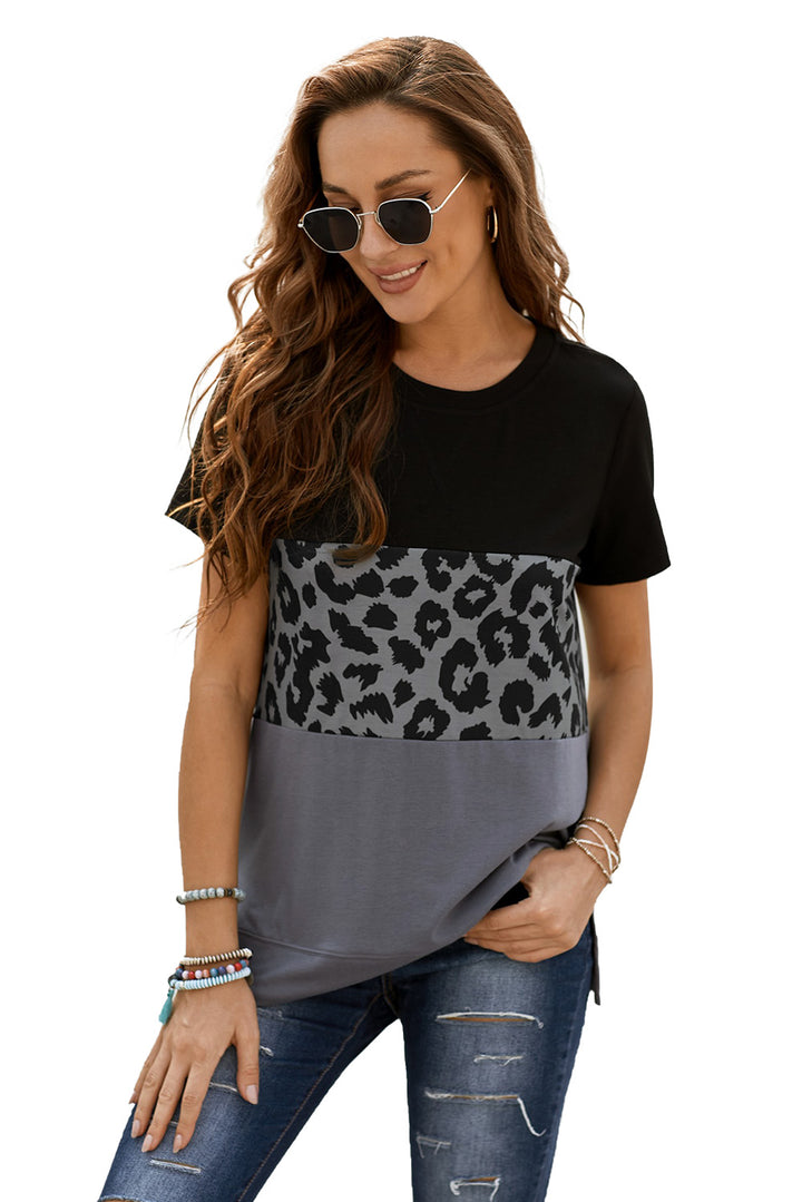 Black Gray Leopard Print Color Block Short Sleeve T-Shirt