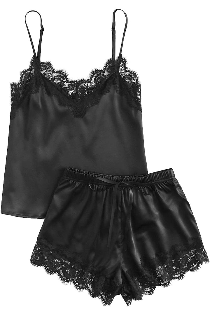 Black Lace Satin Cami Top and Shorts Sleepwear Pajamas Set