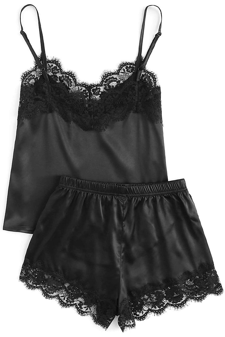 Black Lace Satin Cami Top and Shorts Sleepwear Pajamas Set