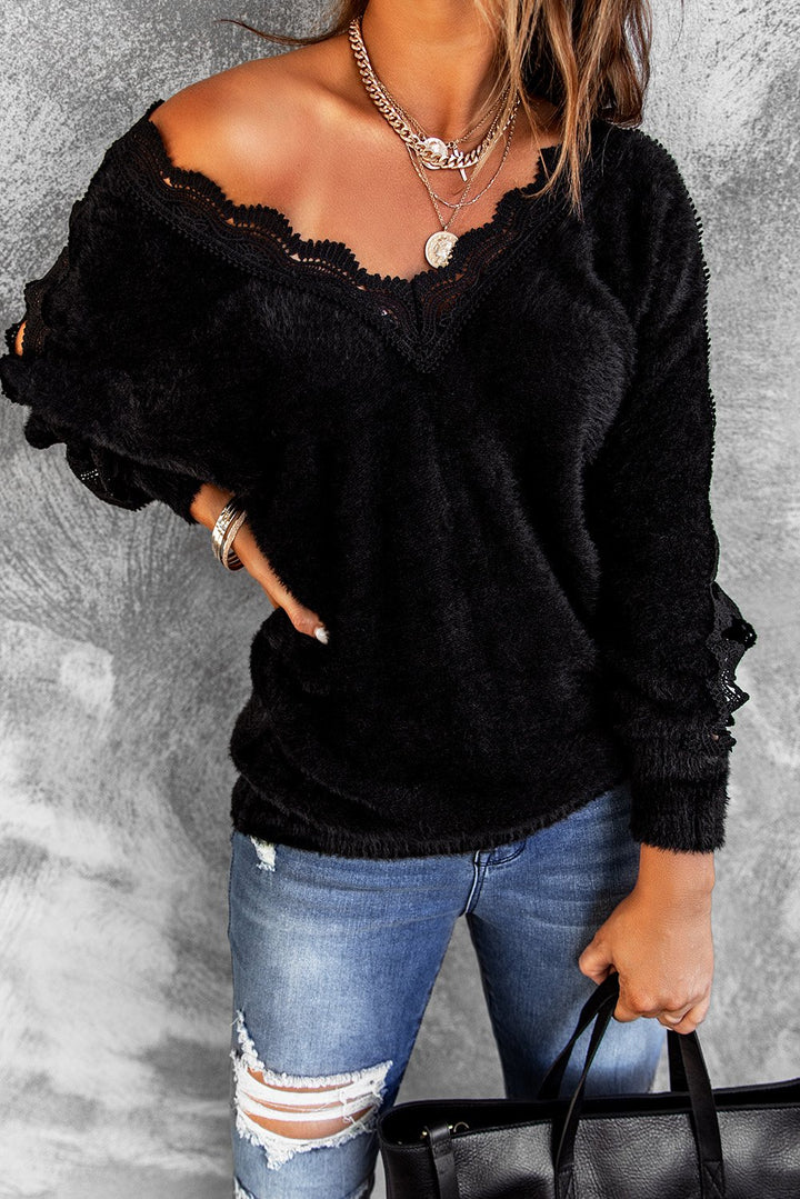 Black Lace Splicing V Neck Pullover Sweater