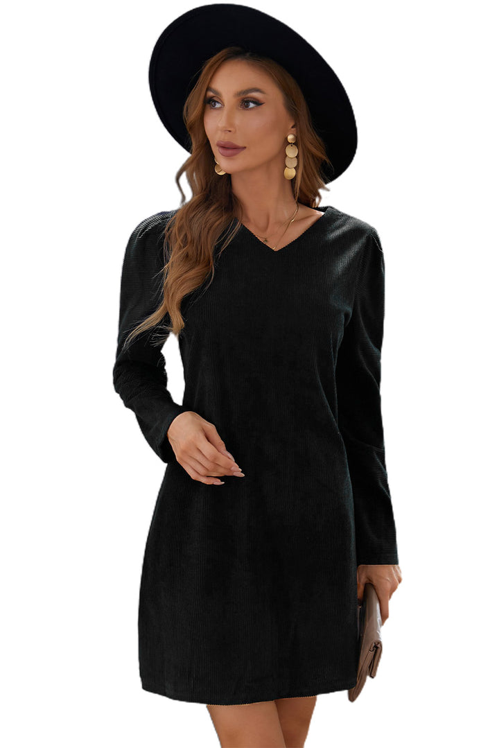 Black Long Puff Sleeve V Neck Ribbed Mini Dress