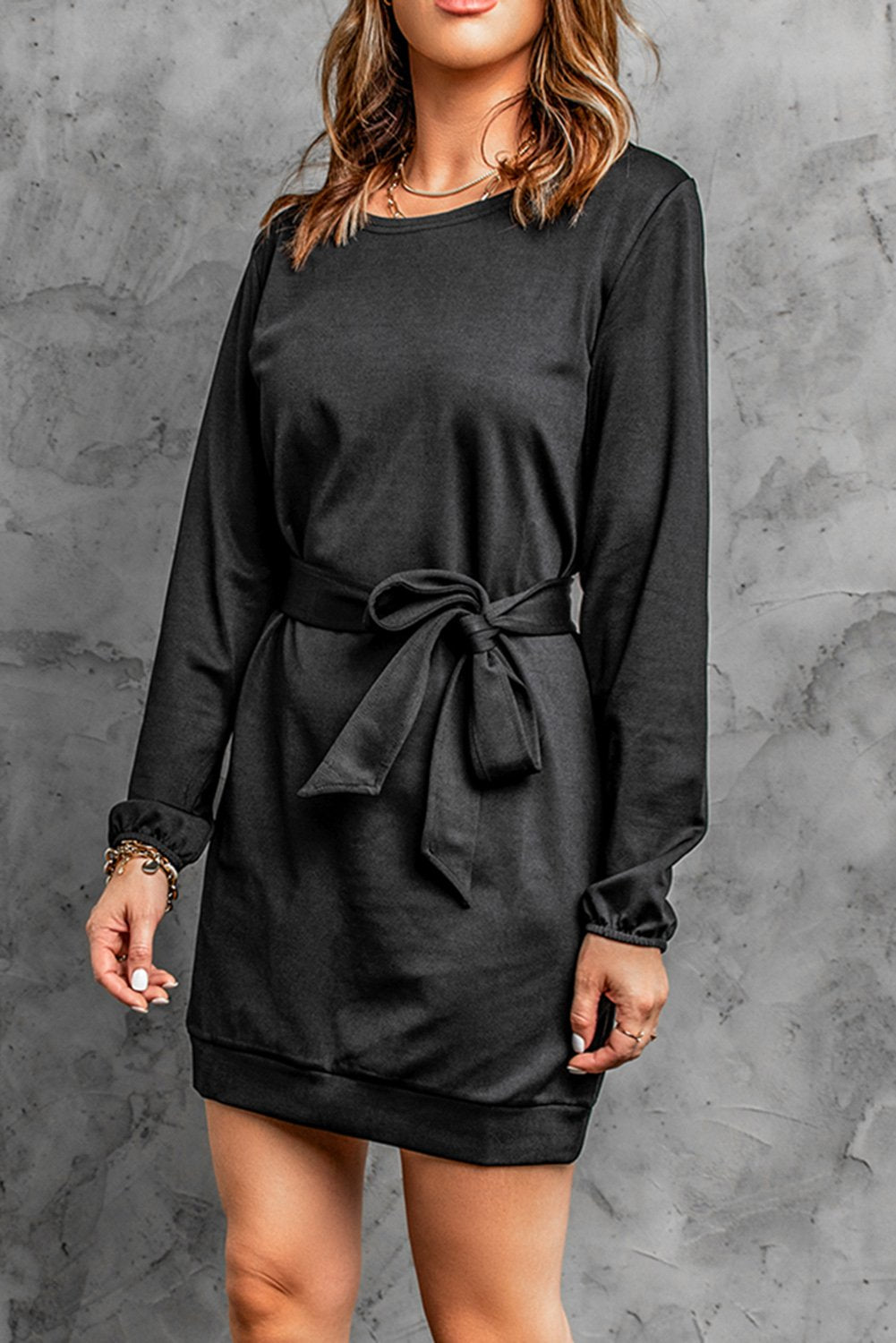 Black Long Sleeve Belted Casual Mini Dress