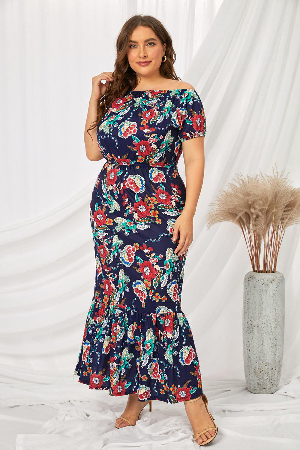 Black Off-the-shoulder Floral Ruffle Short Sleeve Plus Size Maxi Dress