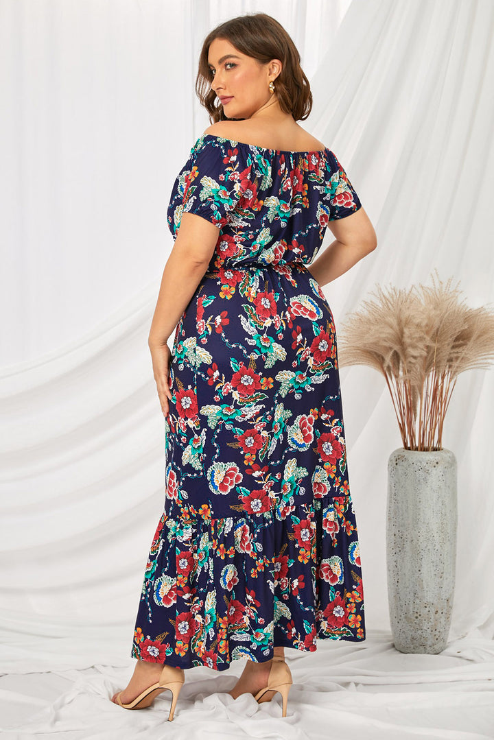 Black Off-the-shoulder Floral Ruffle Short Sleeve Plus Size Maxi Dress