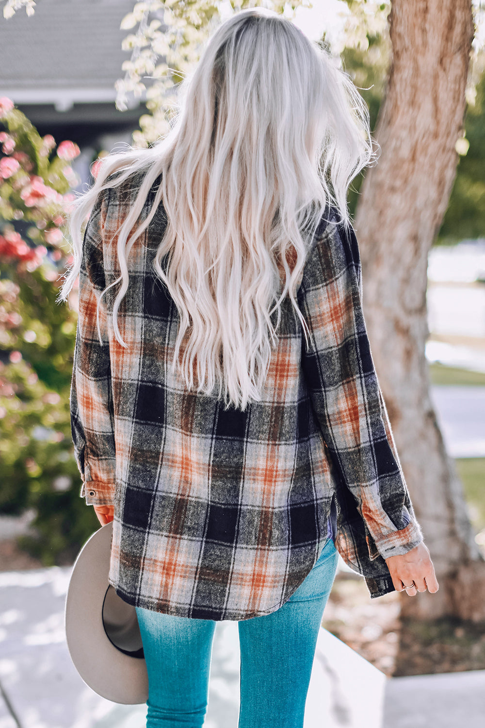 Black Oversize Rounded Hem Plaid Shirt with Slits