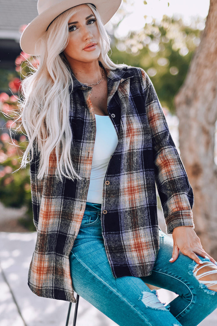 Black Oversize Rounded Hem Plaid Shirt with Slits