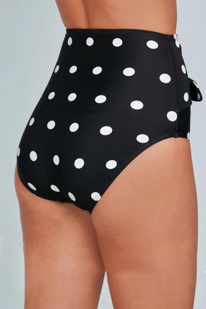 Women's Black Polka Dot Print Front Tie High Waist Swim Bottoms