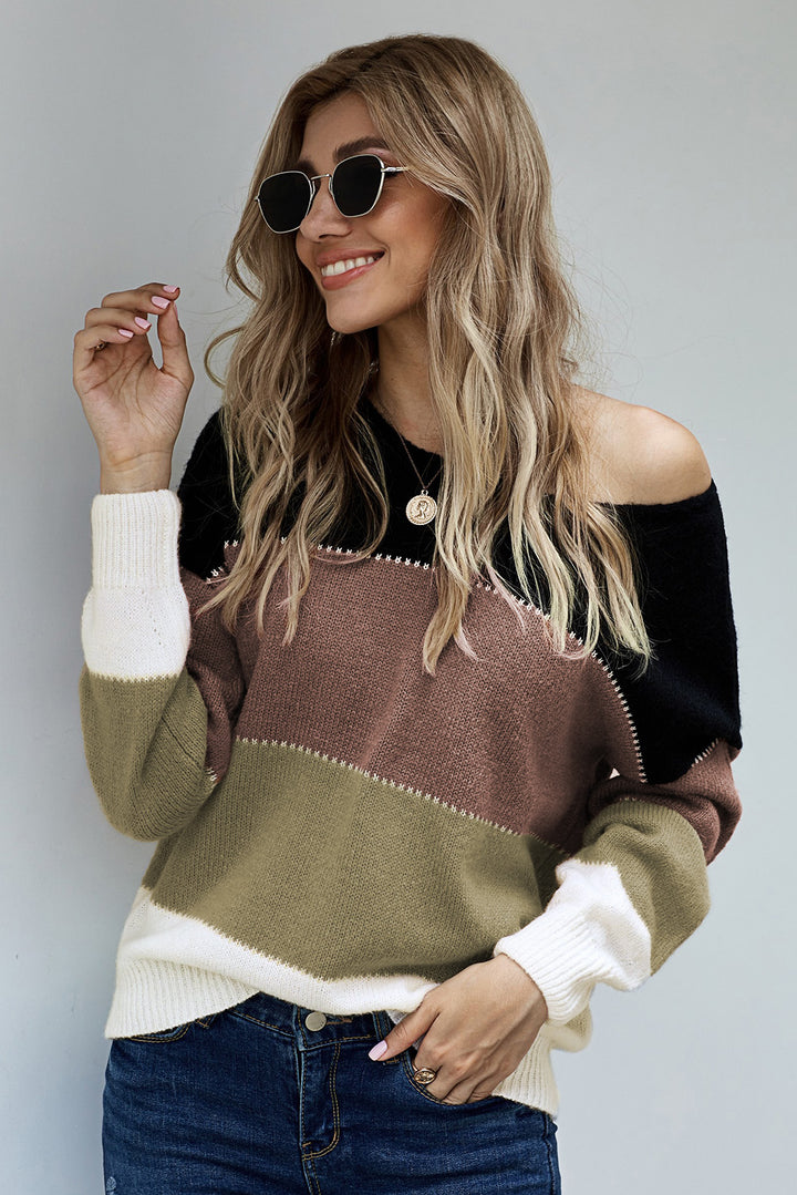 Black Pullover Colorblock Winter Sweater