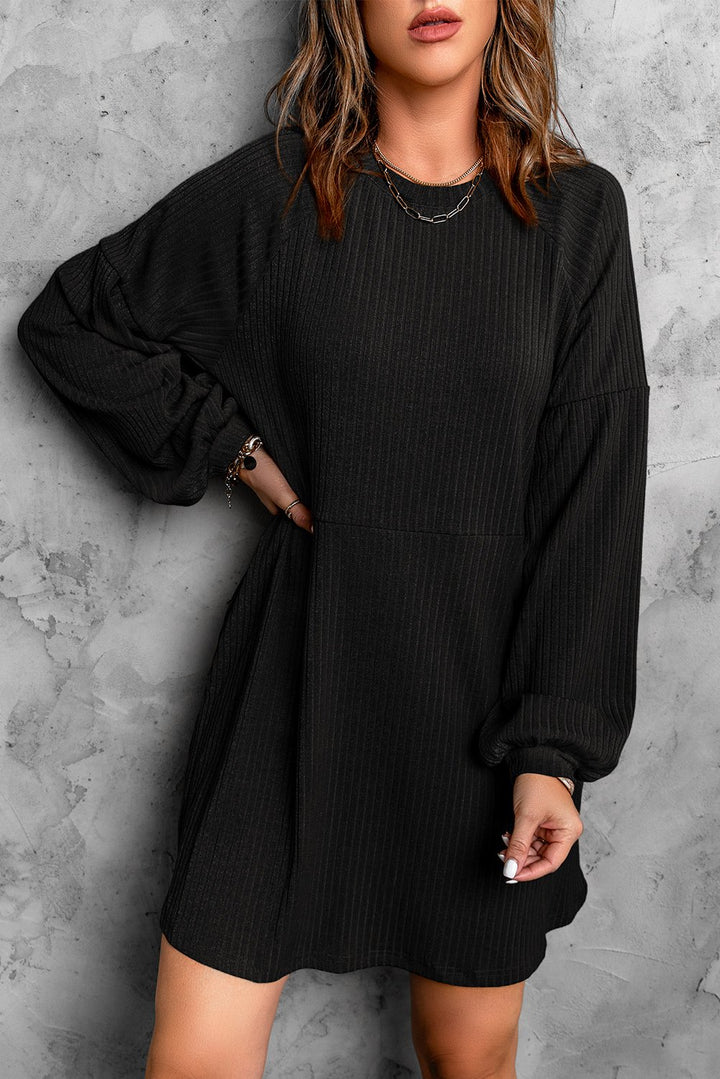 Black Round Neck Long Sleeve Ribbed Knit Dress