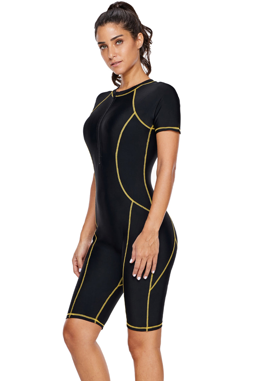 Black Seam Contoured Zip Front Short Sleeve One Piece Wetsuit