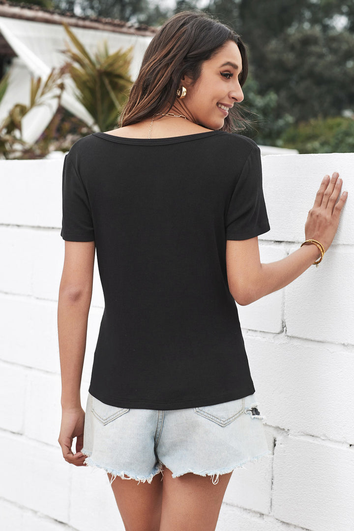 Black Short Sleeve Scoop Neck Buttoned Front Ribbed Knit Top