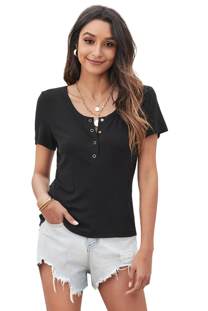 Black Short Sleeve Scoop Neck Buttoned Front Ribbed Knit Top