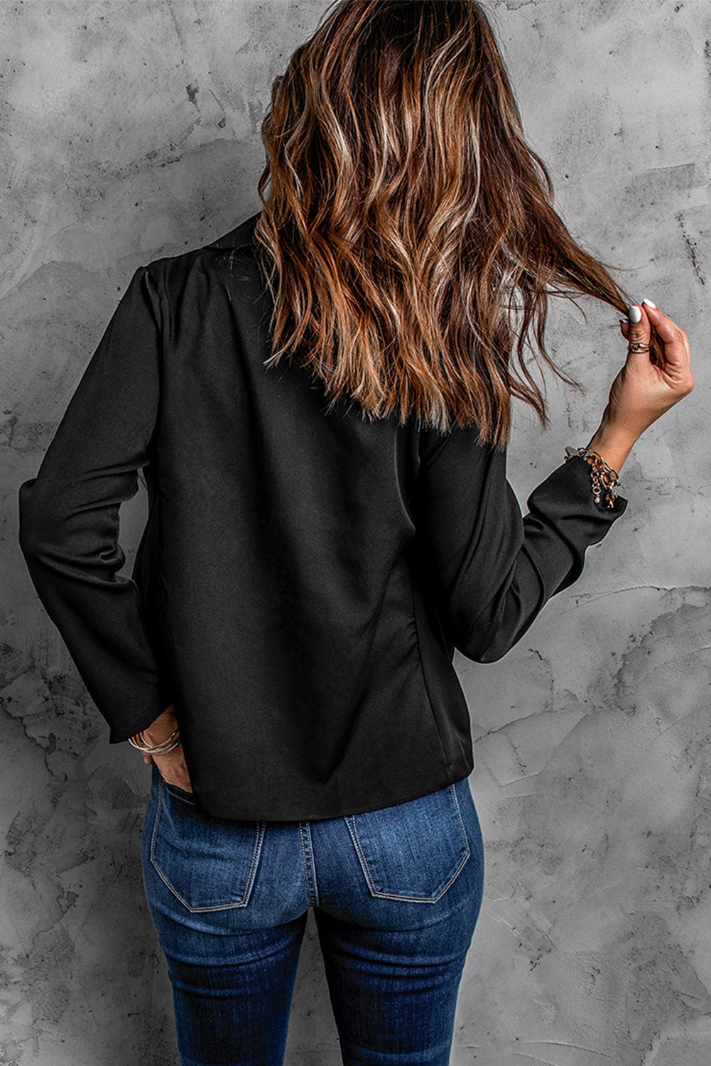 Black Solid Scalloped Long Sleeve Blazer Jacket