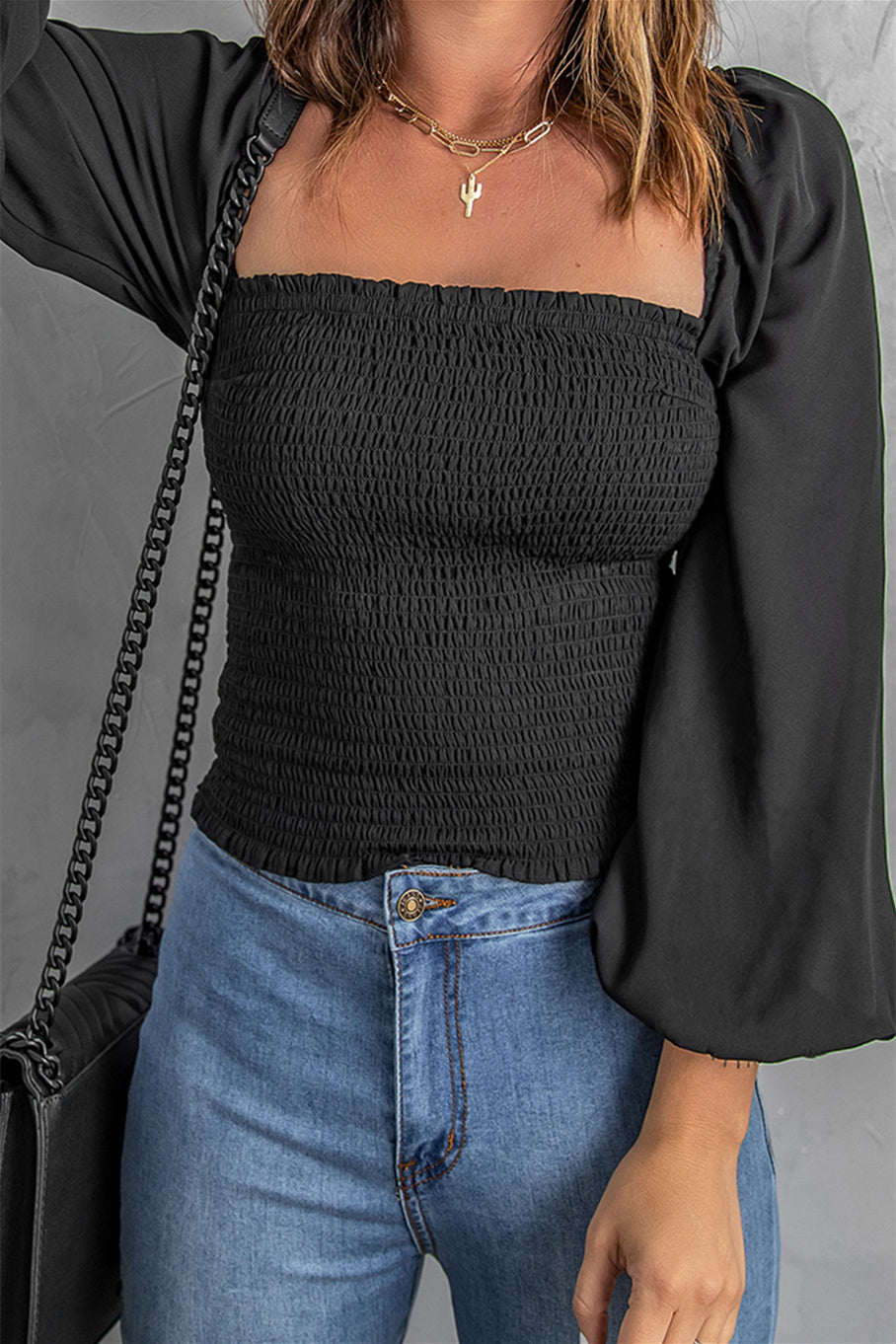 Black Square Neck Puff Sleeve Smocked Top