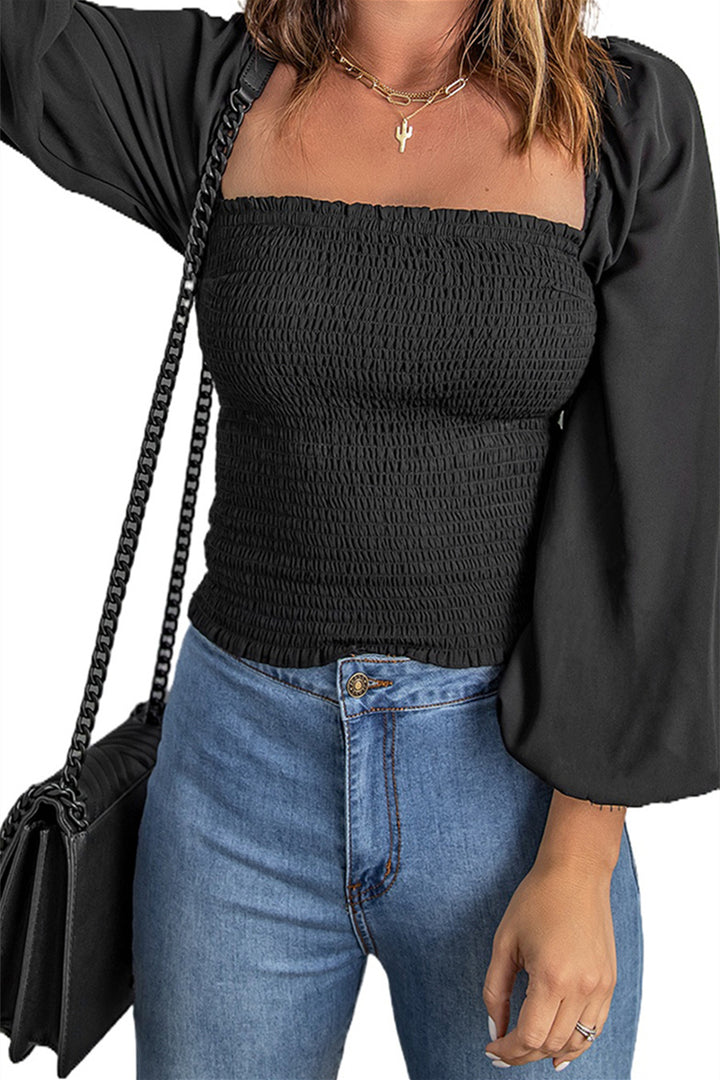 Black Square Neck Puff Sleeve Smocked Top