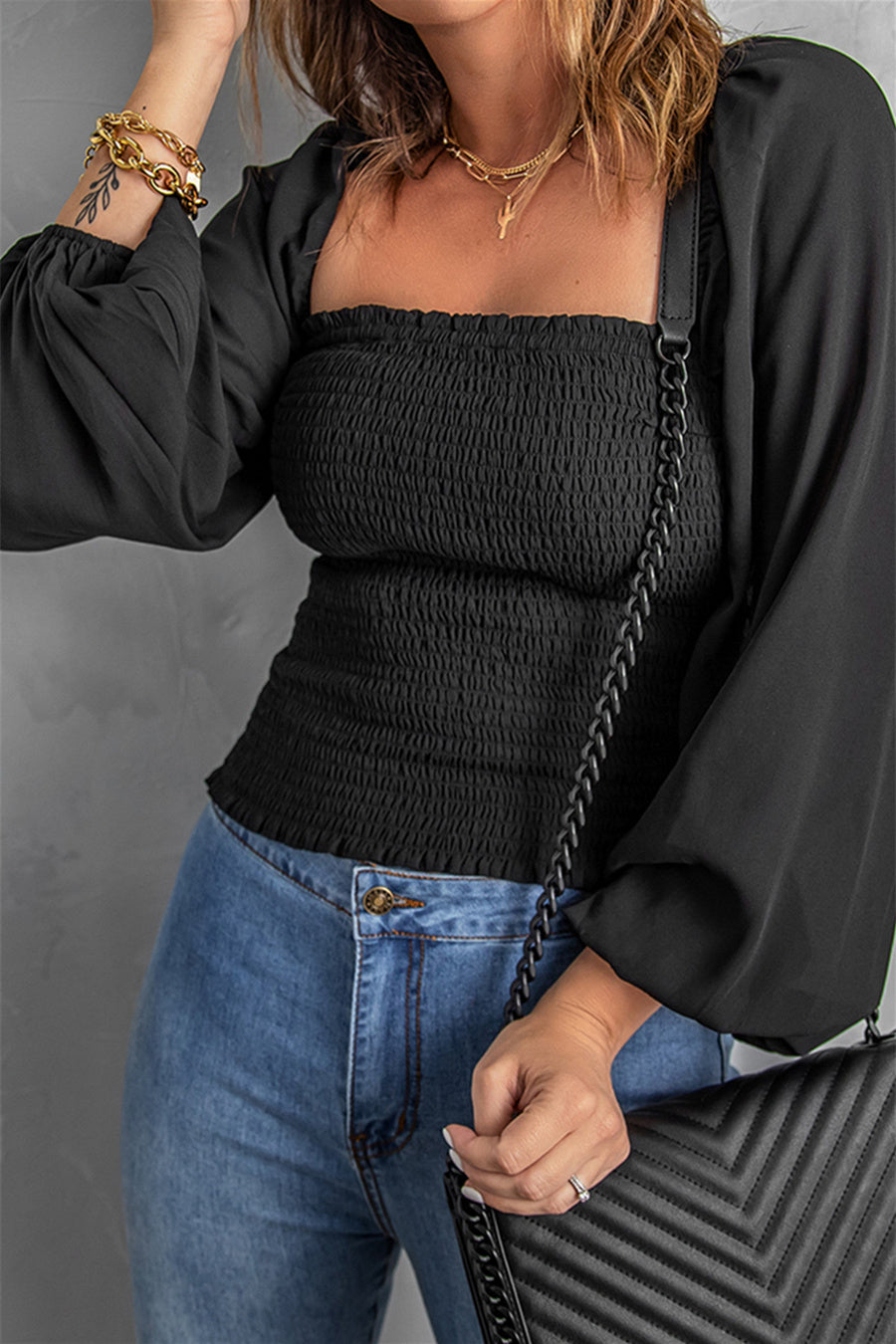 Black Square Neck Puff Sleeve Smocked Top