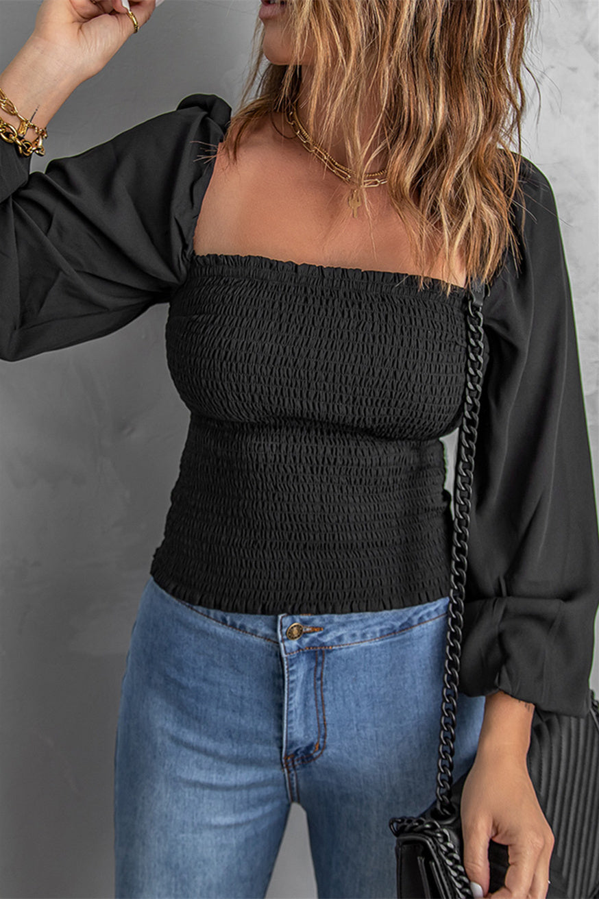 Black Square Neck Puff Sleeve Smocked Top
