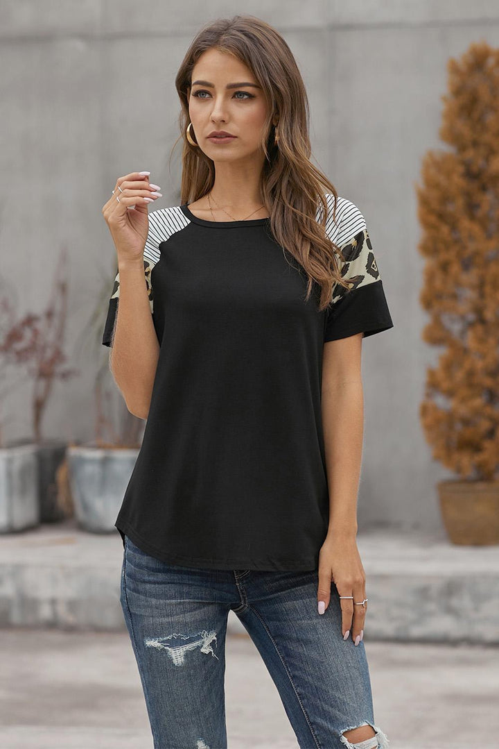 Black Striped Leopard Print Short Sleeve T-shirt For Women