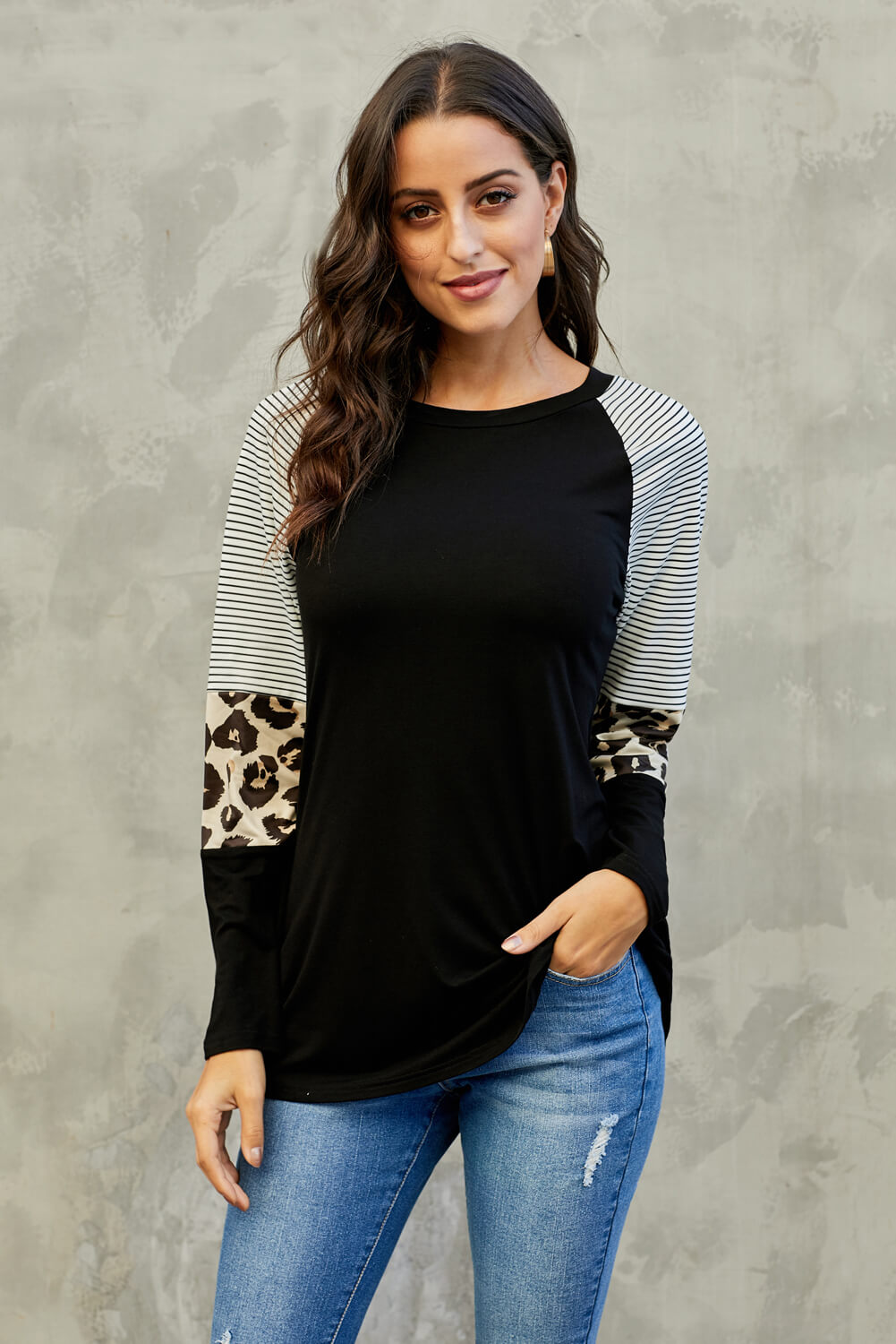 Black Striped and Leopard Color Block Long Sleeves Top