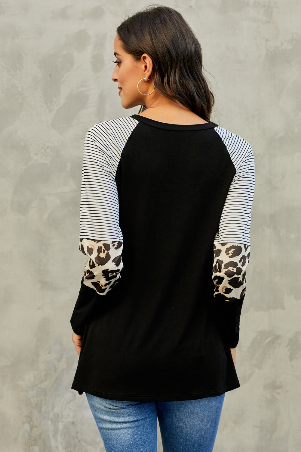 Black Striped and Leopard Color Block Long Sleeves Top