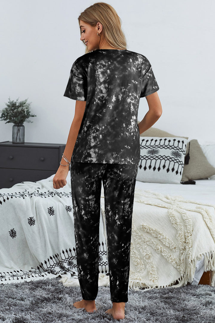Black Tie-dye Short Sleeve T-shirt Pants Pajama Set