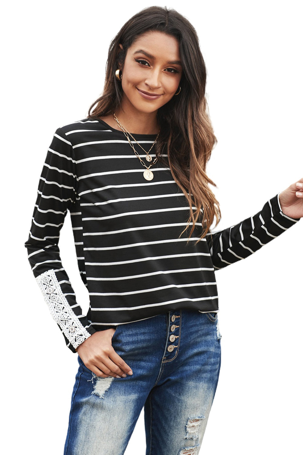 Black White Striped Lace Button Detail Long Sleeve Top