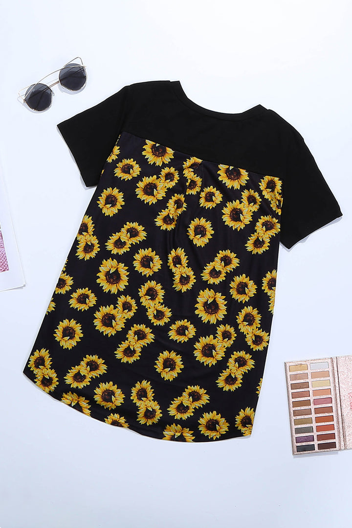 Black Yellow Floral Printed Splicing Short Sleeve T-Shirt