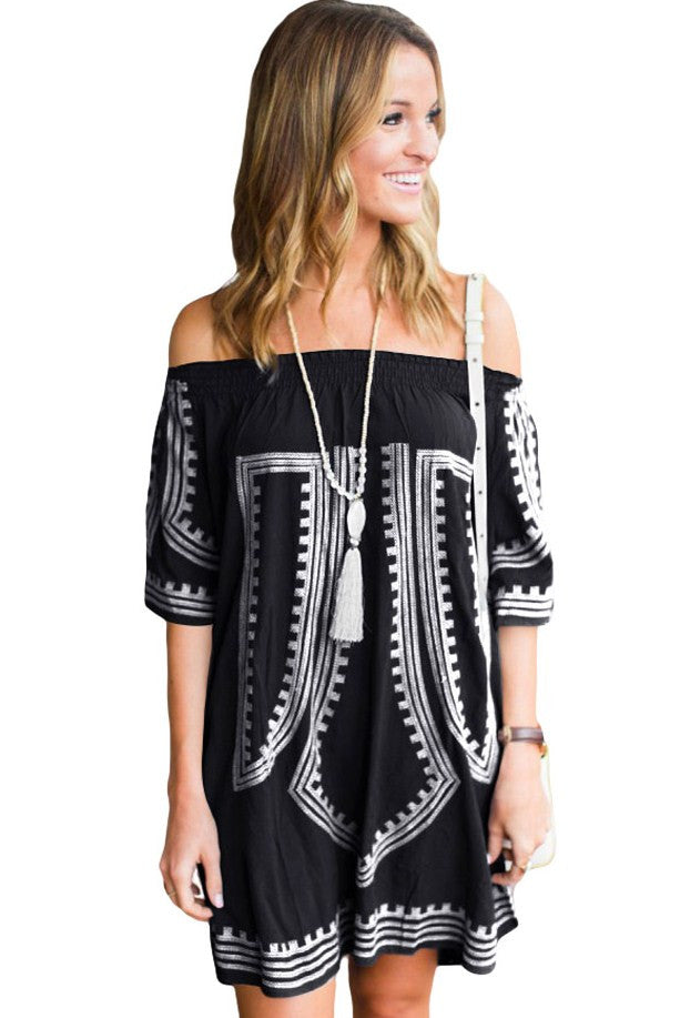 Black Bohemian Vibe Geometric Print Off The Shoulder Cotton Beach Dress