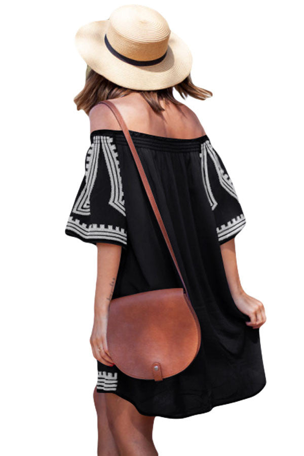 Black Bohemian Vibe Geometric Print Off The Shoulder Cotton Beach Dress