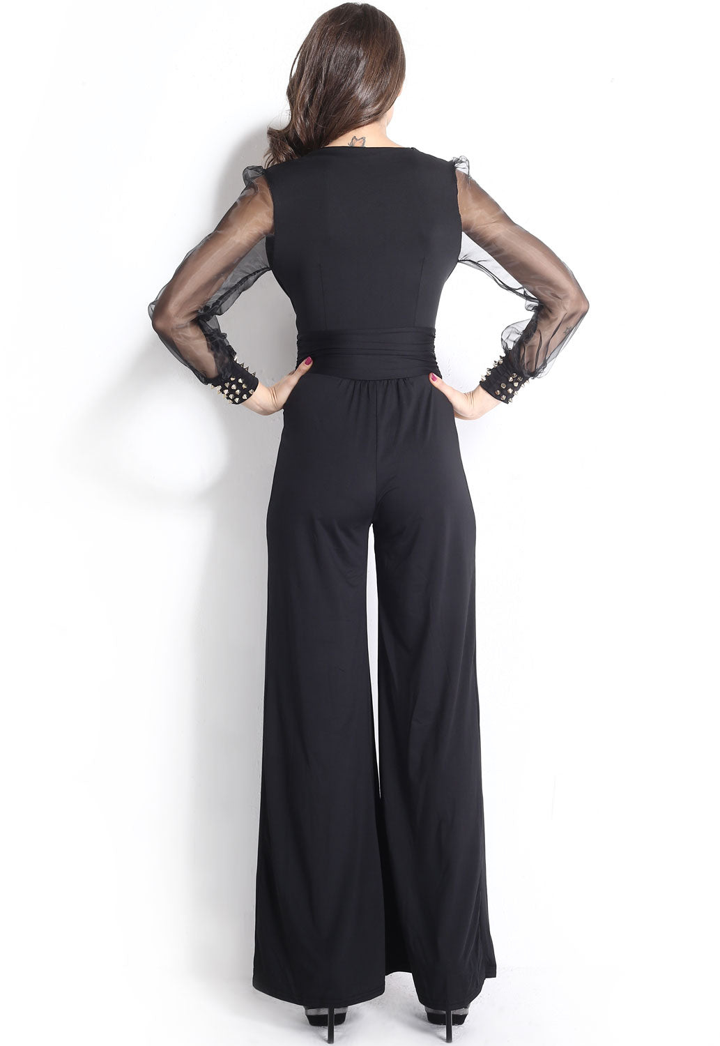 Xpluswear Design Plus Size Formal Jumpsuits Elegant Black V Neck Flare 3/4  Sleeve Satin Jumpsuits