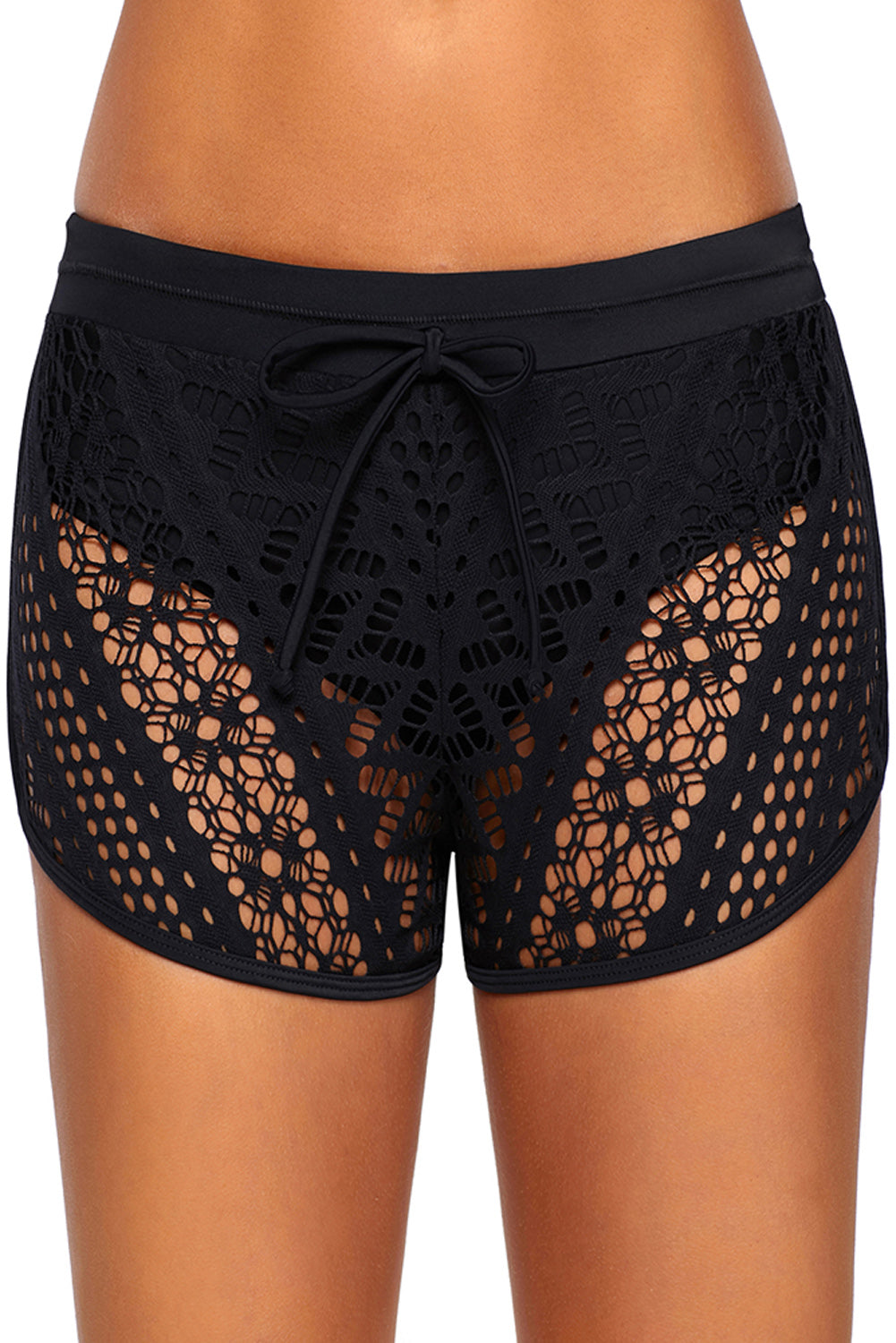 Black Hollow Out Lace Overlay Swim Short Bottom