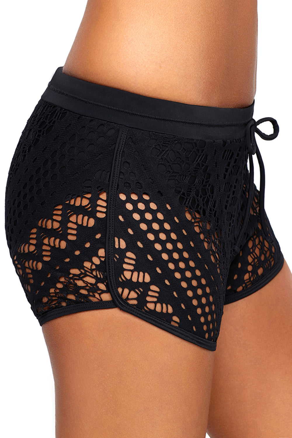 Black Hollow Out Lace Overlay Swim Short Bottom