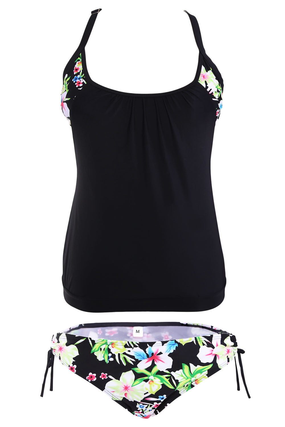 Black Layered-Style Floral Tankini Swimwear with Triangular Briefs