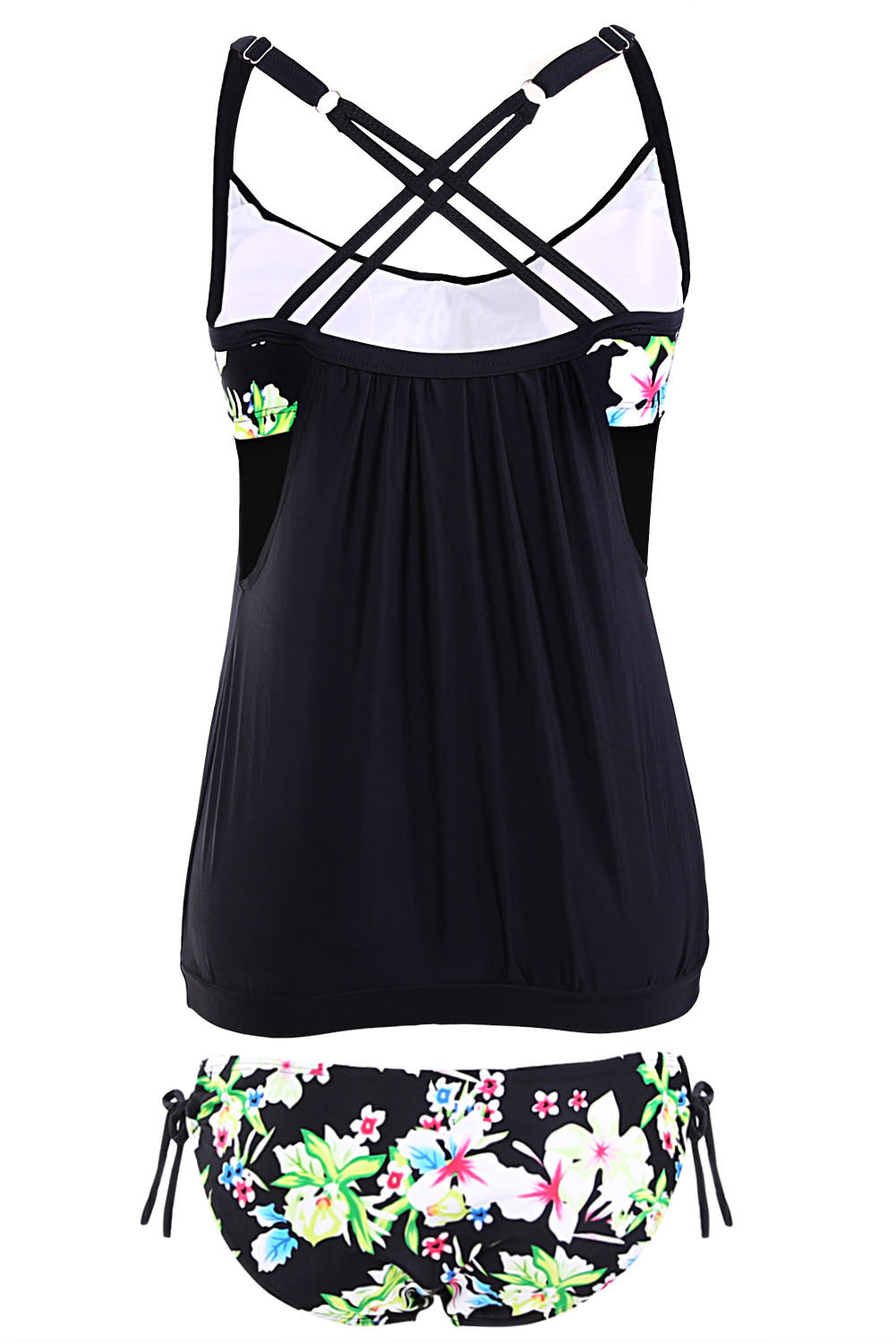 Black Layered-Style Floral Tankini Swimwear with Triangular Briefs