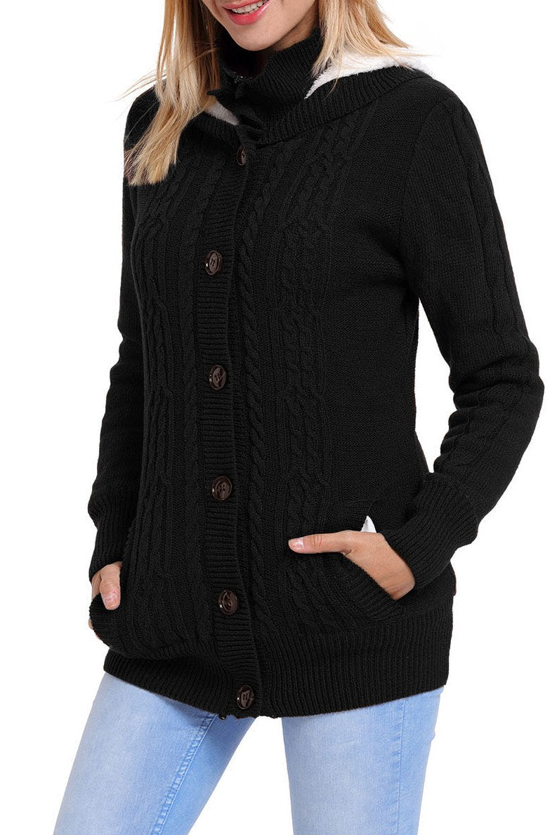 Black Long Sleeve Button-up Hooded Knit Cardigans