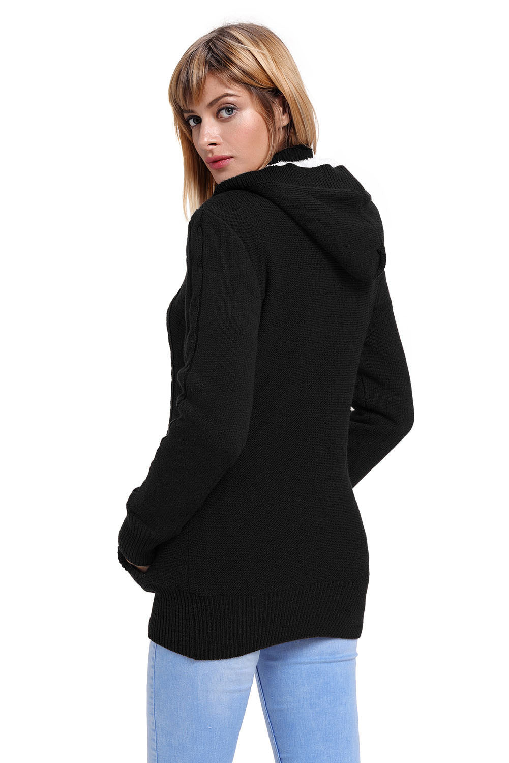 Black Long Sleeve Button-up Hooded Knit Cardigans