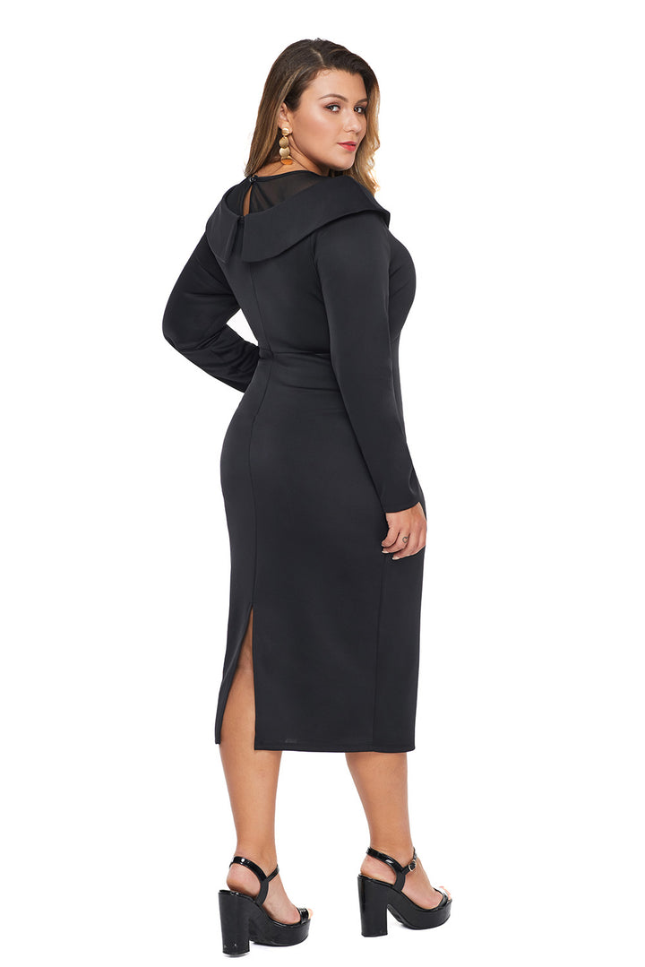 Black Mesh Neck Patchwork  Long Sleeve Plus Size Midi Dress