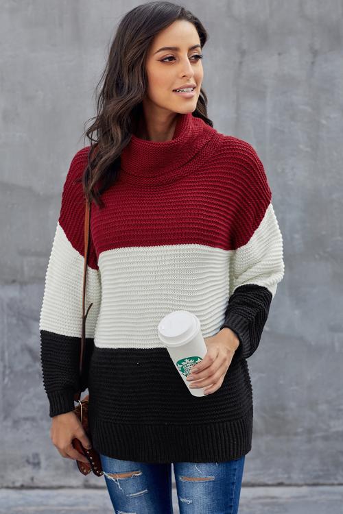 Black Red Color Block Turtleneck Pullover Sweater