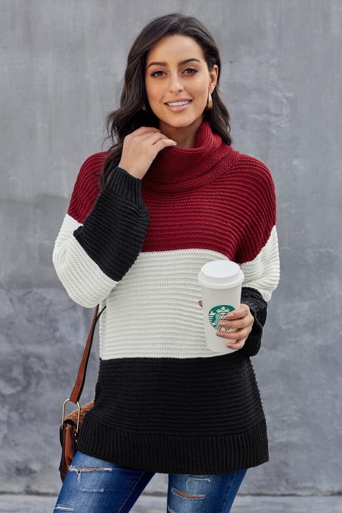 Black Red Color Block Turtleneck Pullover Sweater