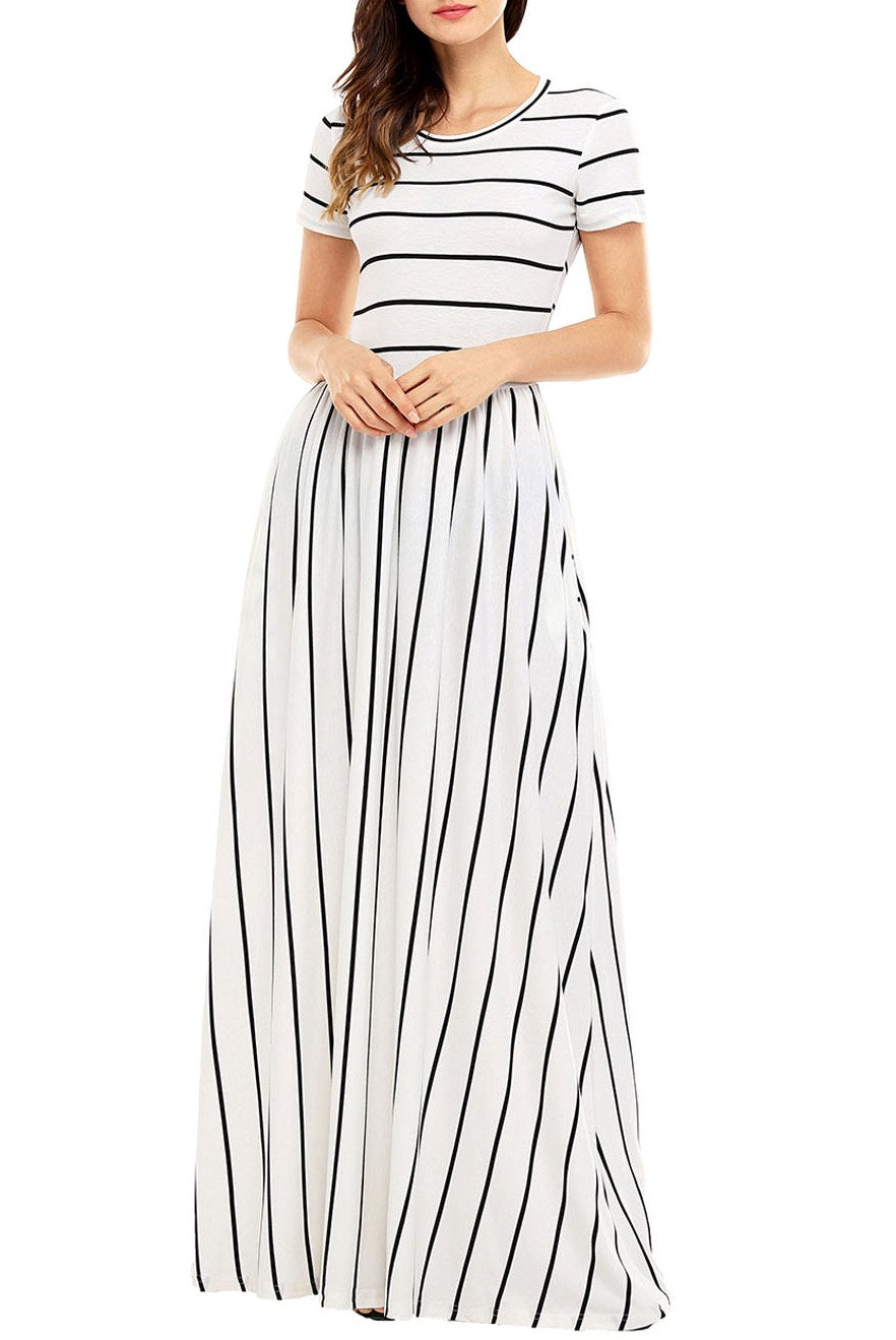 Black White Striped Short Sleeve Maxi Dress MB61634-2 – ModeShe.com