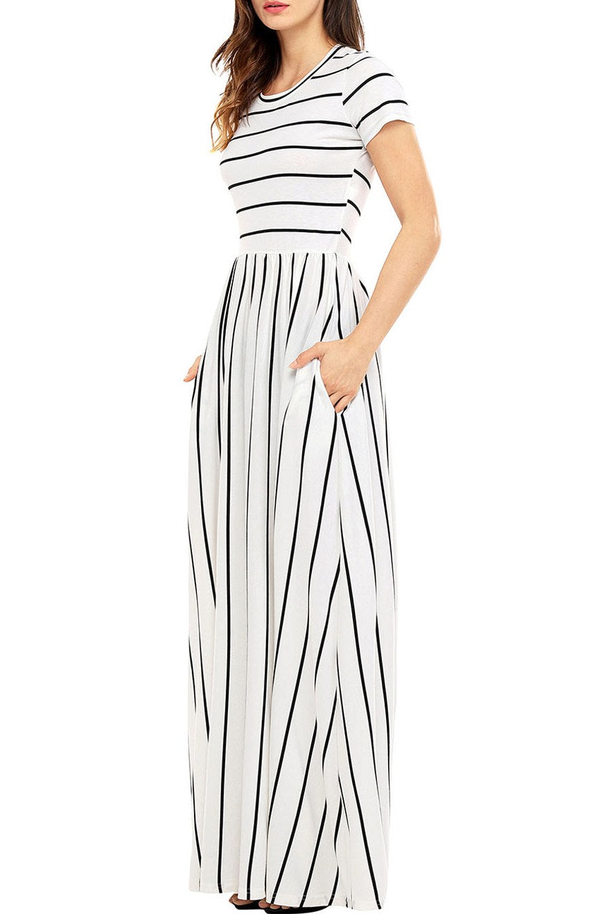 Black White Striped Short Sleeve Maxi Dress