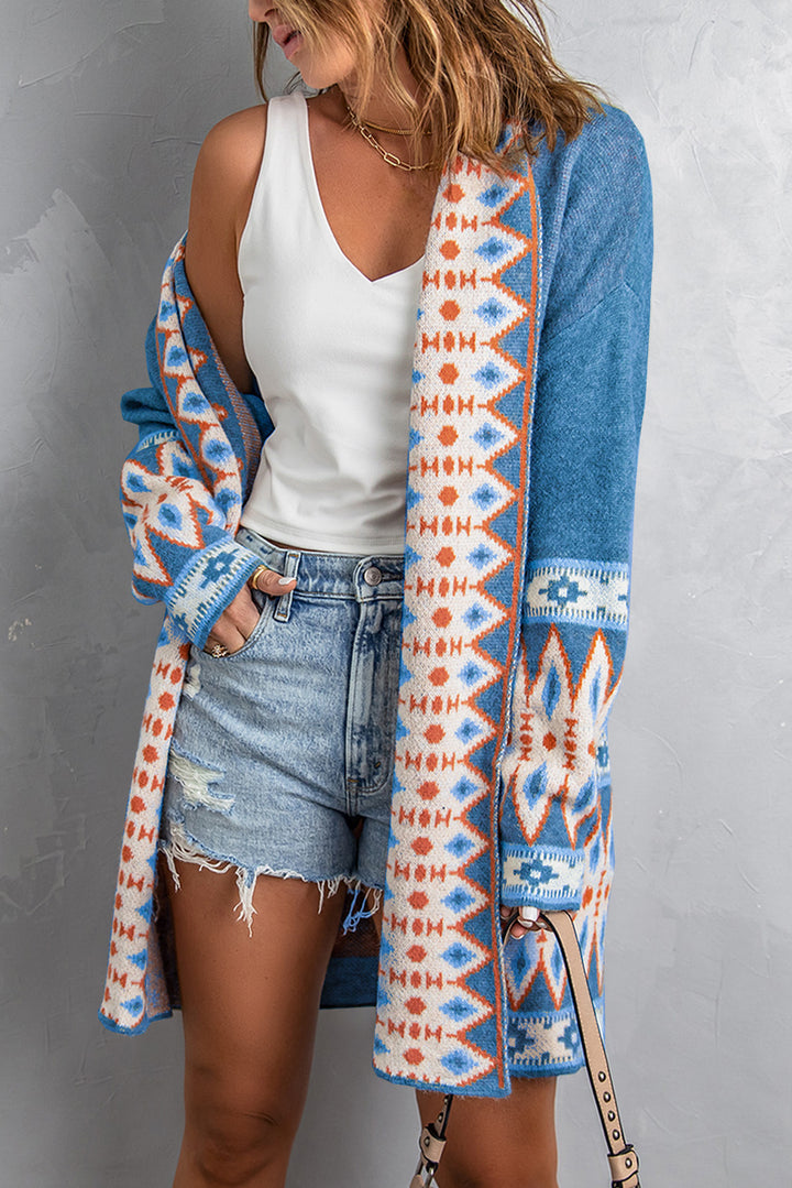 Fashion Blue Aztec Print Open Front Knitted Cardigan
