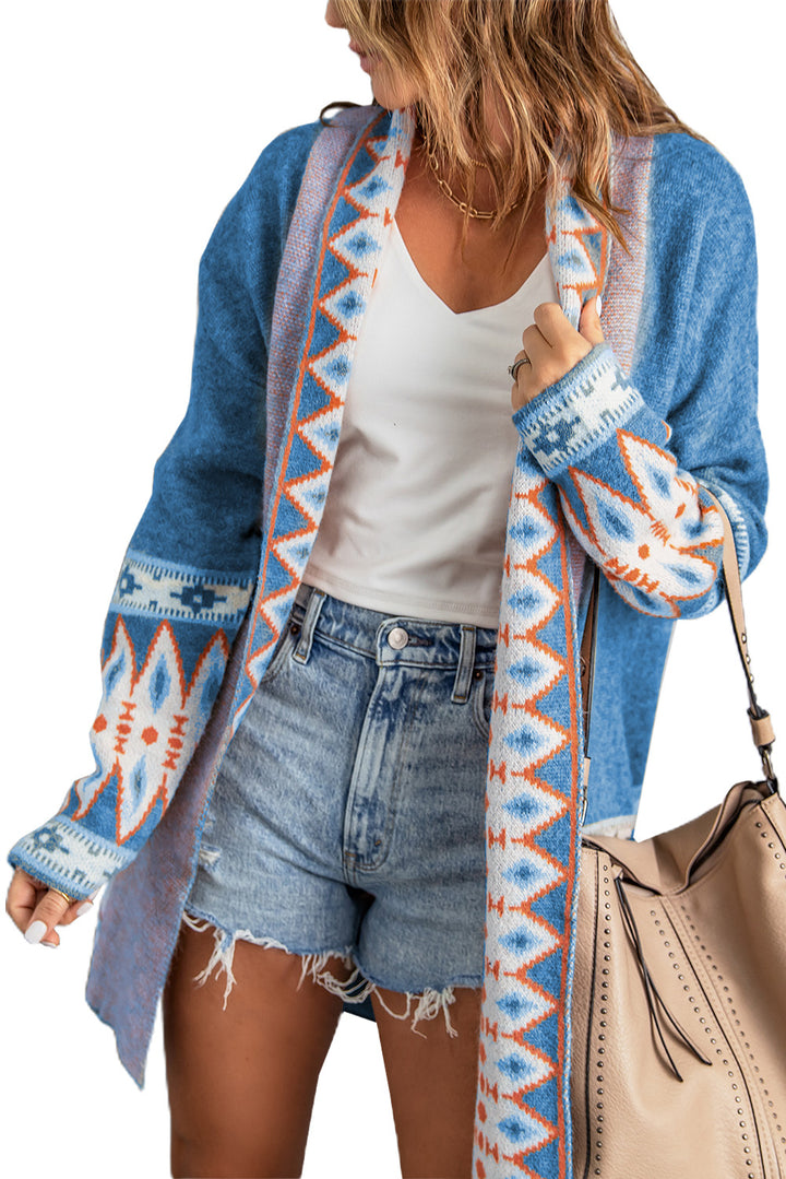 Fashion Blue Aztec Print Open Front Knitted Cardigan