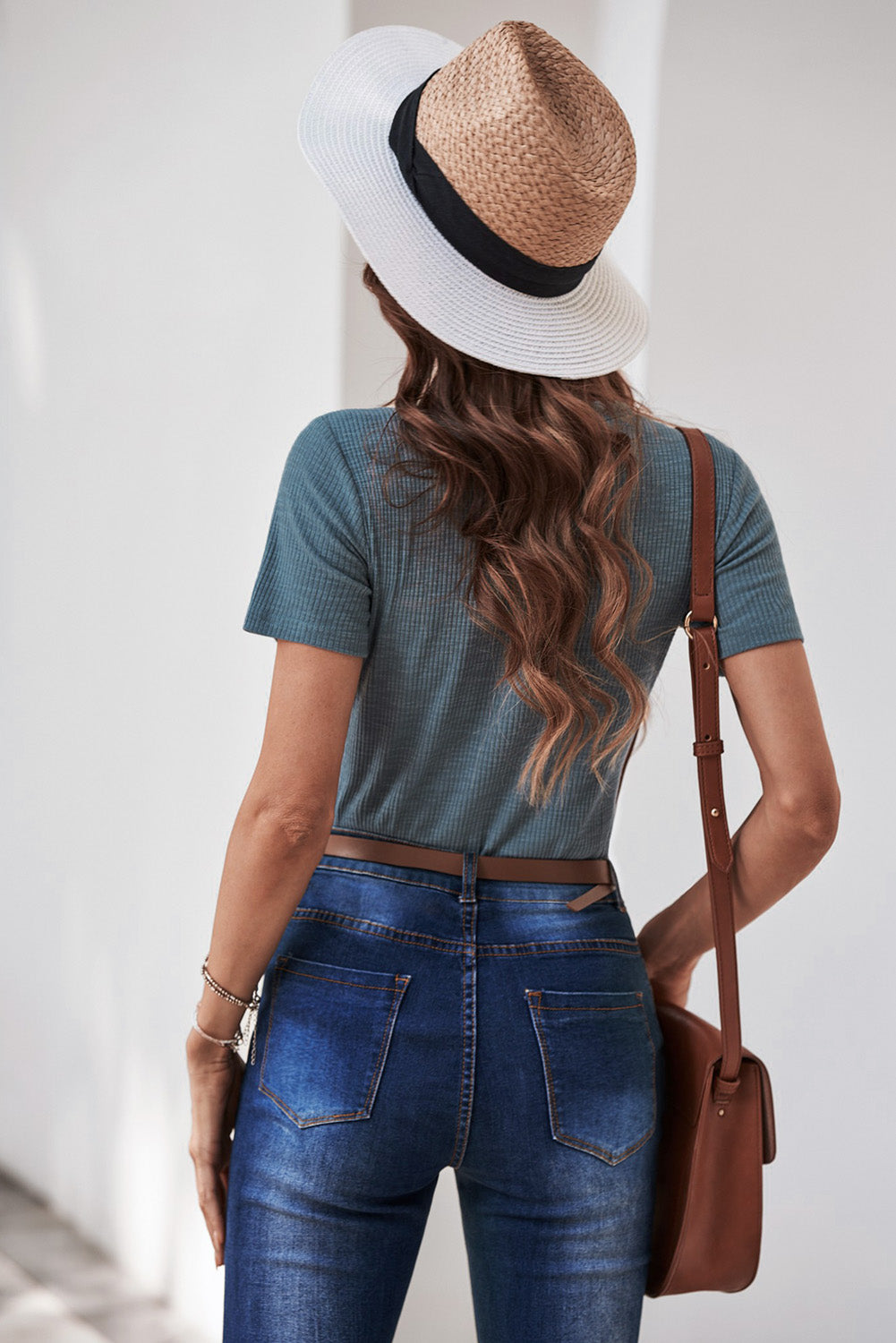 Blue Crew Neck Buttoned Ribbed Knit Short Sleeve Top