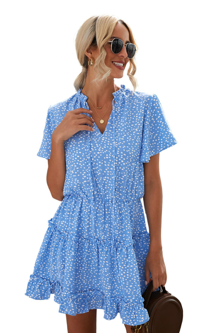 Blue Dotted Print Split Neck Flutter Sleeve Flowy Tunic Dress