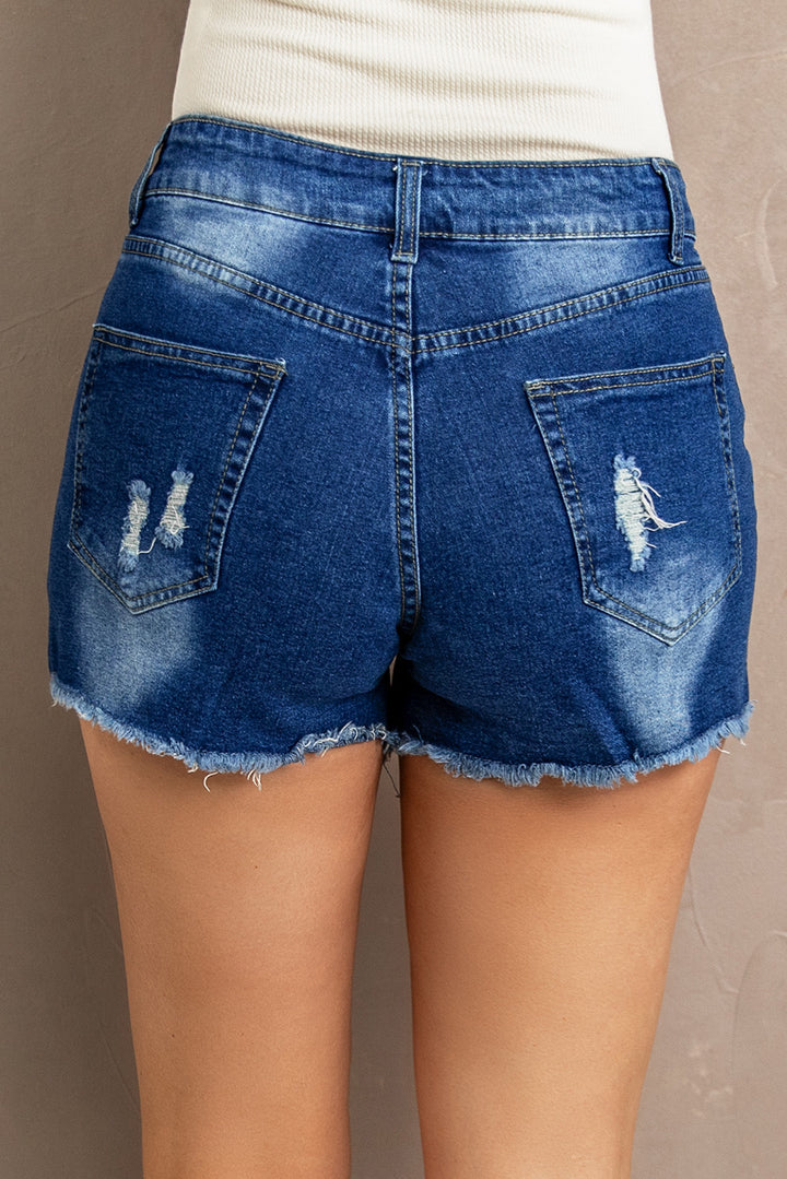 Blue Lace Splicing Distressed Jean Shorts